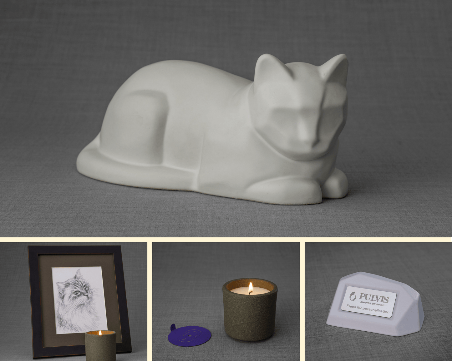 Pulvis Art Urns Memorial Bundle Cat Memorial Bundle - 4 Pieces - Portrait | Urn | Nameplate Holder | Scented Candle