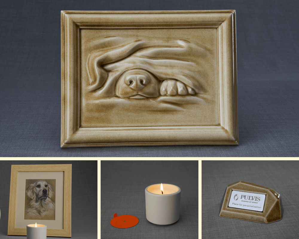 
                  
                    Pulvis Art Urns Memorial Bundle Dog Snout Bundle - 4 Pieces - Portrait | Urn | Nameplate Holder | Scented Candle
                  
                