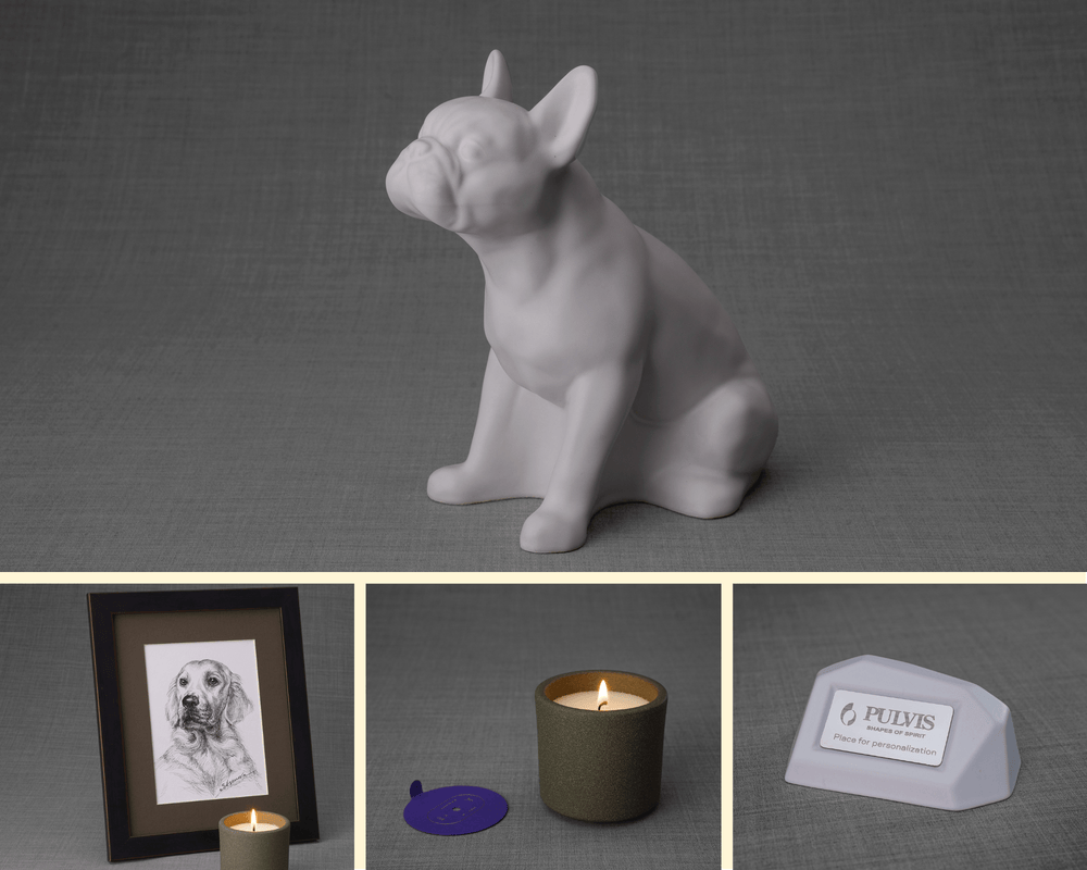 Pulvis Art Urns Memorial Bundle French Bulldog Bundle - 4 Pieces - Portrait | Urn | Nameplate Holder | Scented Candle