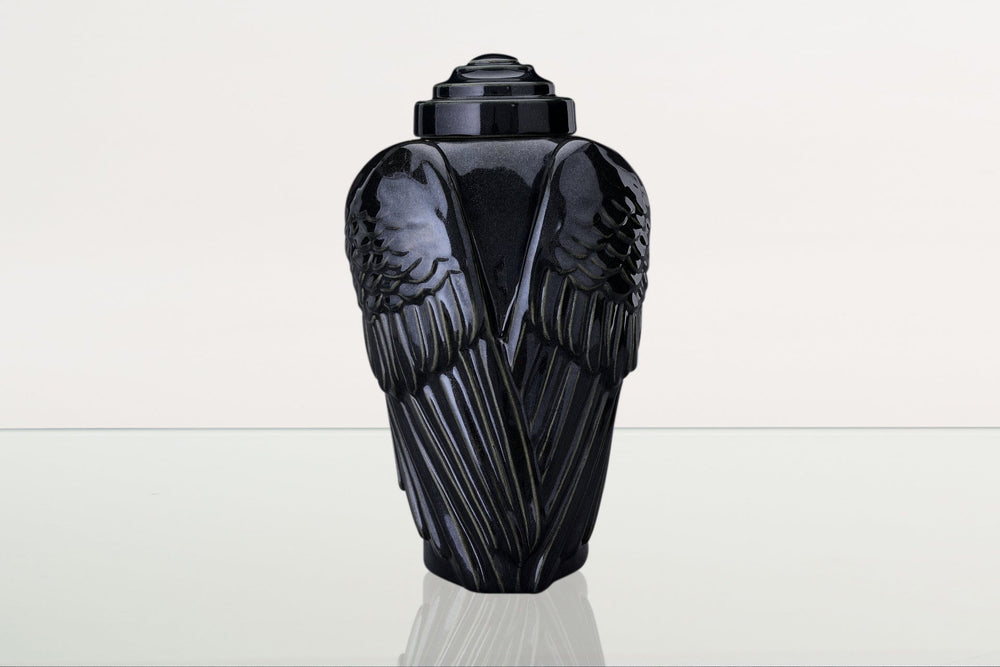 Pulvis Art Urns Adult Size Urn Handmade Cremation Urn for Ashes "Wings" - Large | Black Gloss | Ceramic Urn