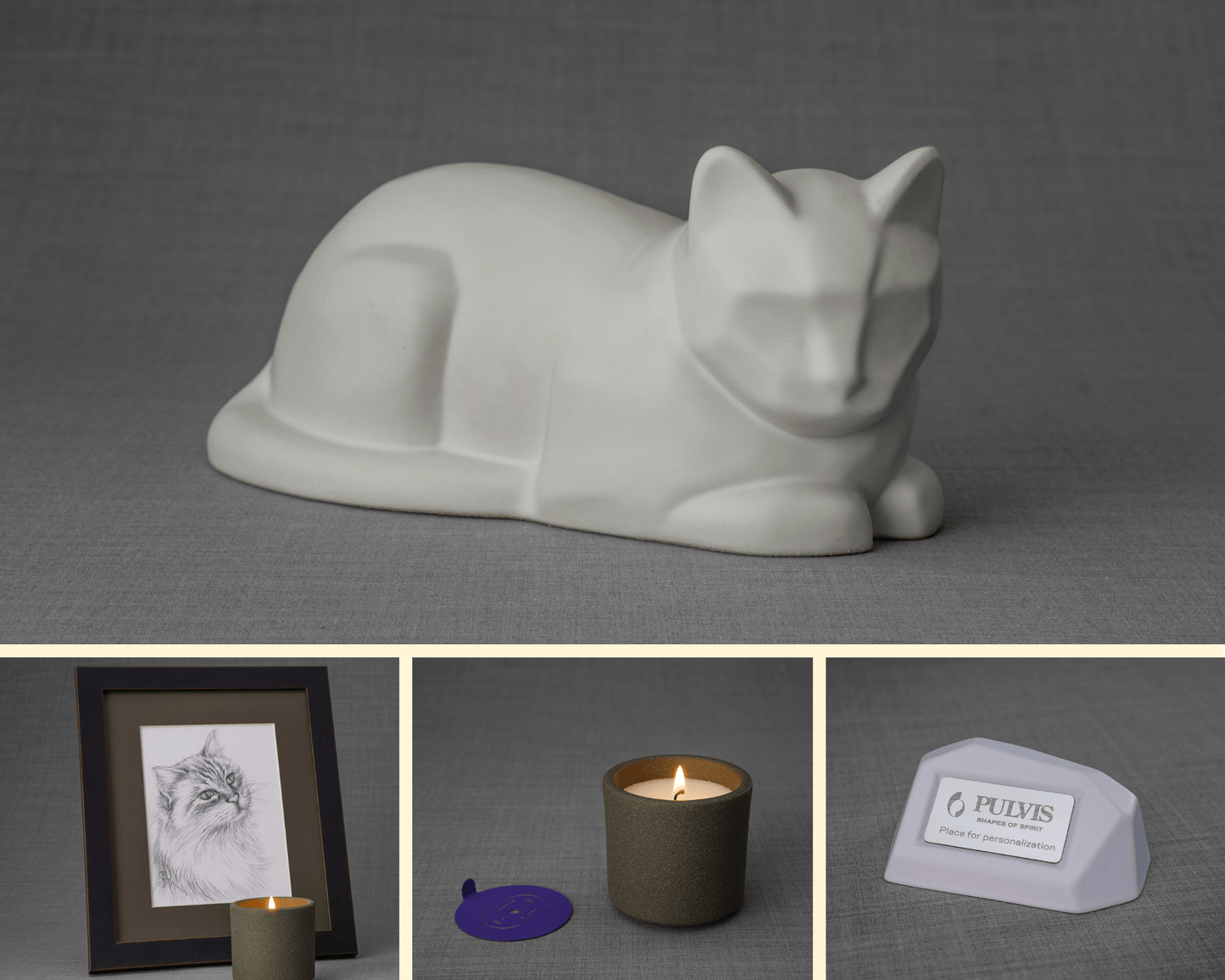 
                  
                    Pulvis Art Urns Memorial Bundle Cat Memorial Bundle - 4 Pieces - Portrait | Urn | Nameplate Holder | Scented Candle
                  
                