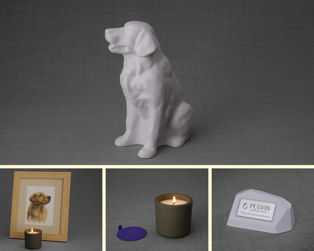 Pulvis Art Urns Memorial Bundle Golden Retriever Bundle - 4 Pieces - Portrait | Urn | Nameplate Holder | Scented Candle