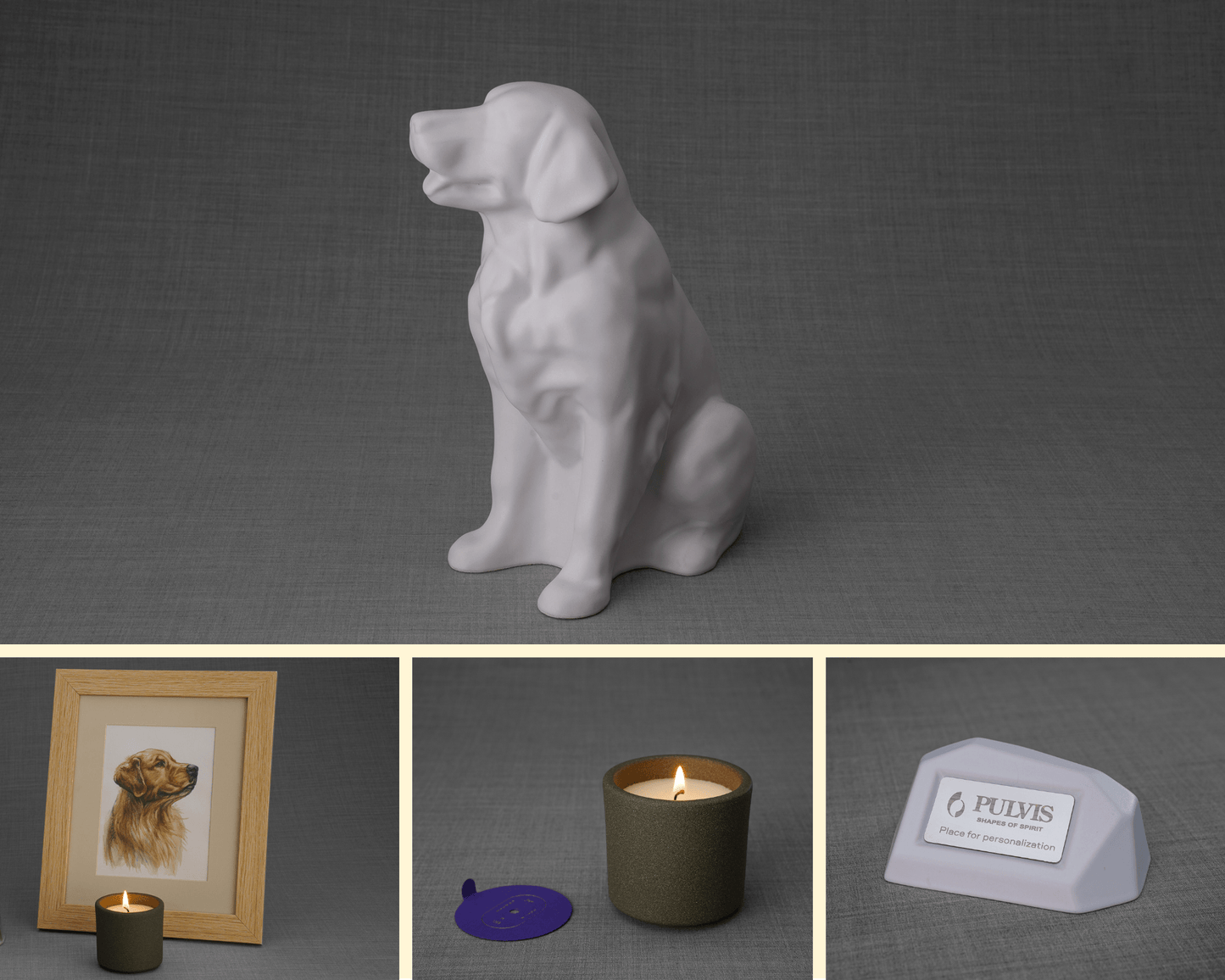 
                  
                    Pulvis Art Urns Memorial Bundle Golden Retriever Bundle - 4 Pieces - Portrait | Urn | Nameplate Holder | Scented Candle
                  
                