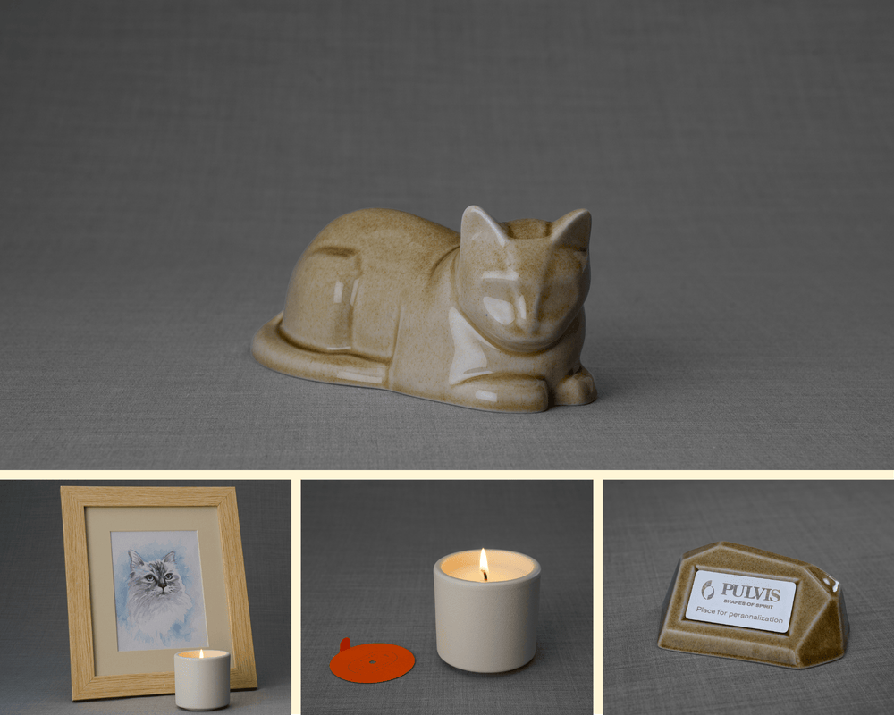 Pulvis Art Urns Memorial Bundle Mini Cat Memorial Bundle - 4 Pieces - Portrait | Urn | Nameplate Holder | Scented Candle