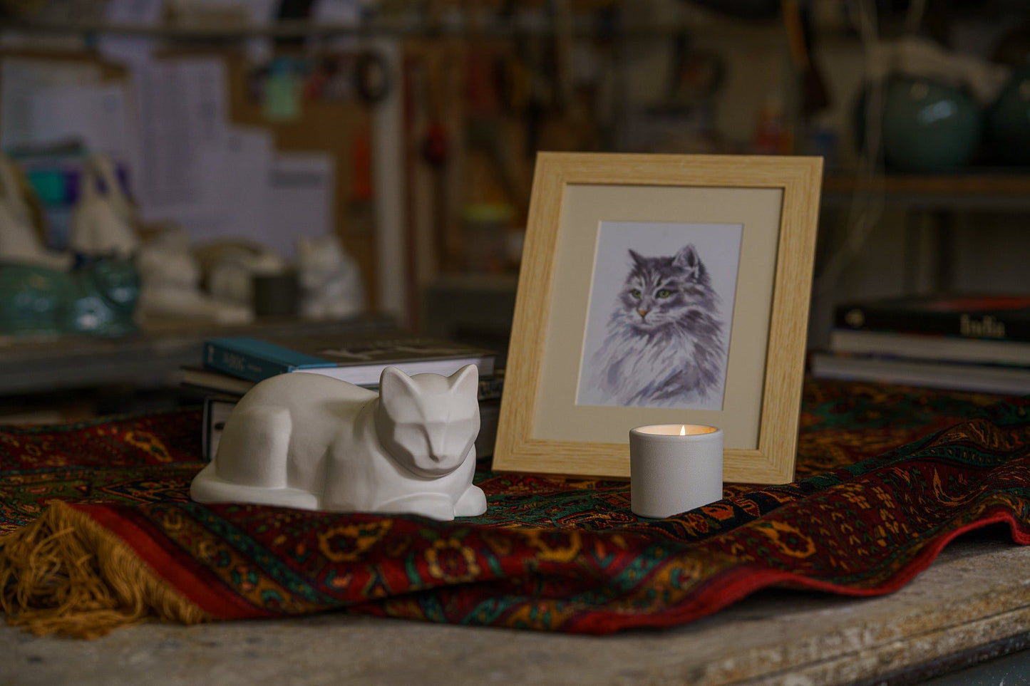 
                  
                    Pulvis Art Urns Mini Cat Memorial Bundle - 4 Pieces - Portrait | Urn | Nameplate Holder | Scented Candle
                  
                